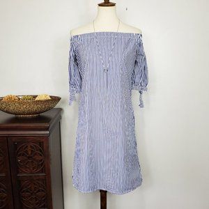 Apt. 9 Off Shoulder Blue White Pinstripe 100% Cotton Shift Dress Size S
